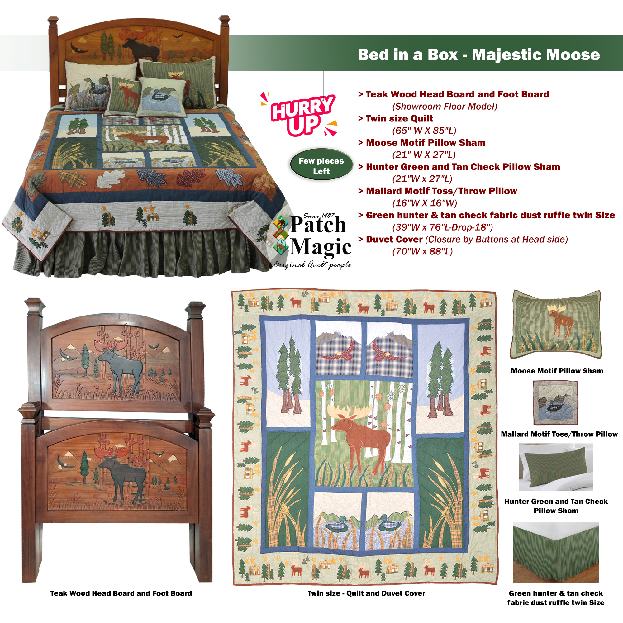 Cabin in a Box - Moose, Twin size Teak wood Head/Foot Board with Quilt and Accessories Set.