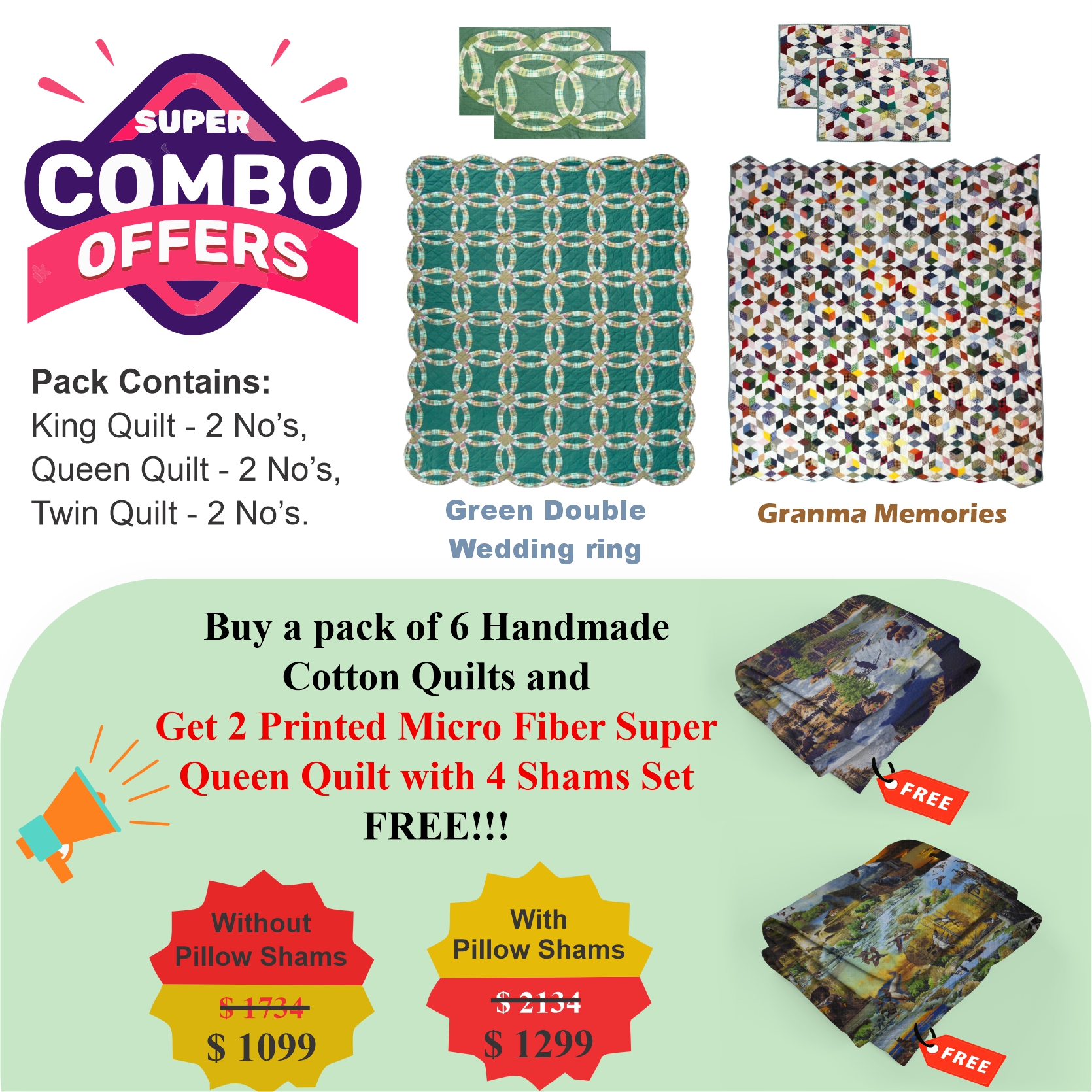 Granma Memory /Green Cats Eye  - Pack of 6 handmade cotton quilts | Buy 6 cotton quilts and get 2 Printed Microfiber Super Queen Quilt with 4 Shams