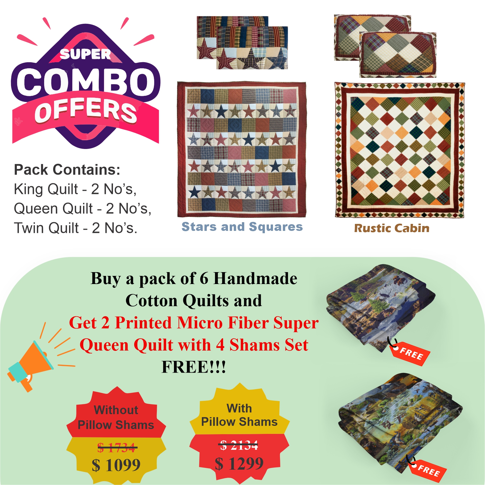 Rustic Cabin /Stars and Squares  - Pack of 6 handmade cotton quilts | Matching Pillow shams | Buy 6 cotton quilts and get 2 Printed Microfiber Super Queen Quilt with 4 Shams