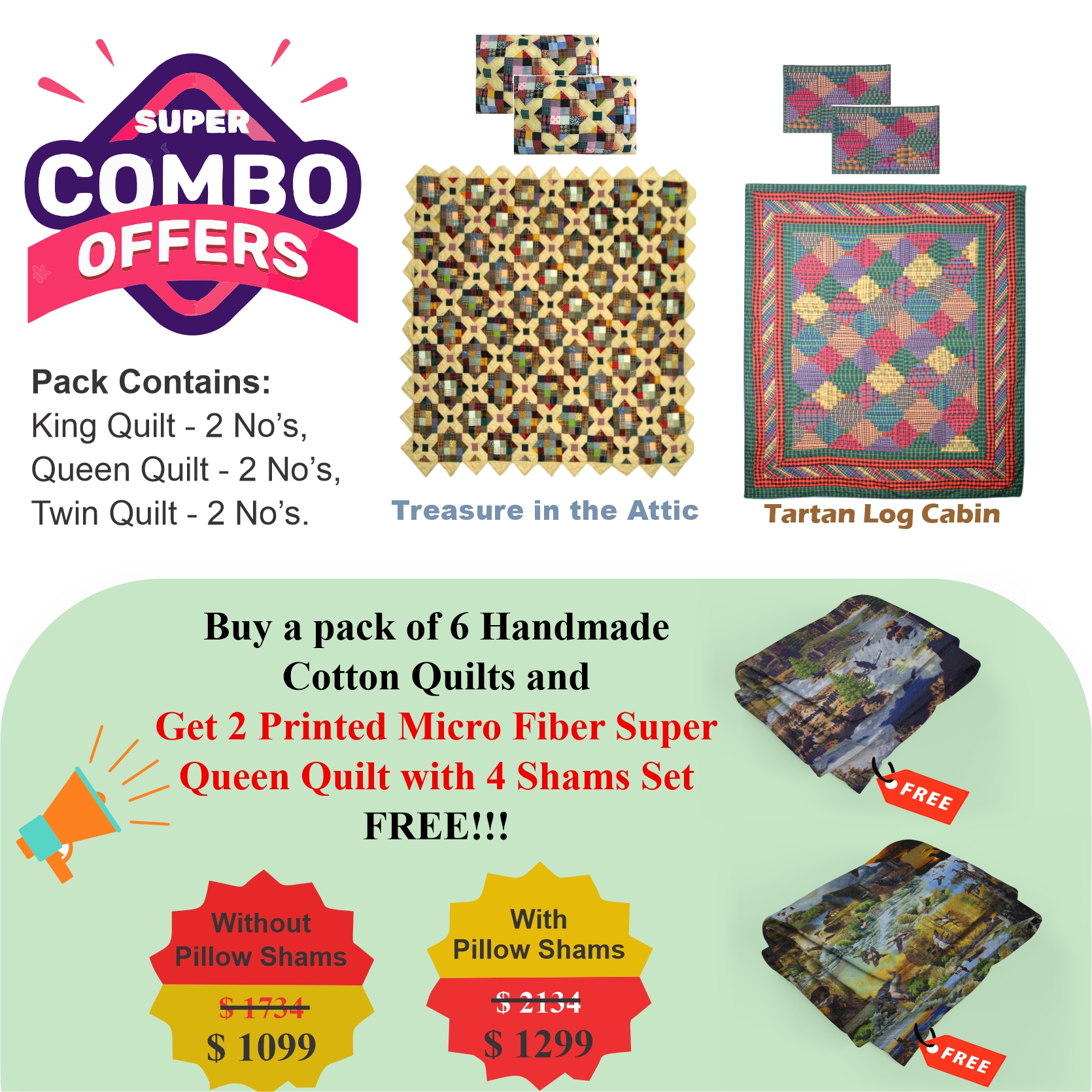 Village Crossroads /Celtic Labrinyth  - Pack of 6 handmade cotton quilts | Matching Pillow shams | Buy 6 cotton quilts and get 2 Printed Microfiber Super Queen Quilt with 4 Shams