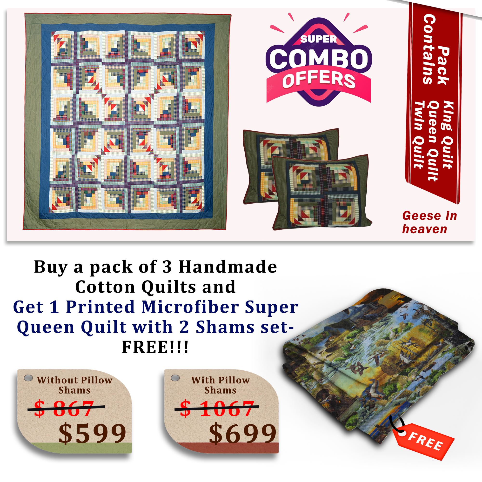 Geese in heaven - Handmade Cotton quilts | Matching pillow shams | Buy 3 cotton quilts and get 1 Printed Microfiber Super Queen Quilt with 2 Shams set FREE