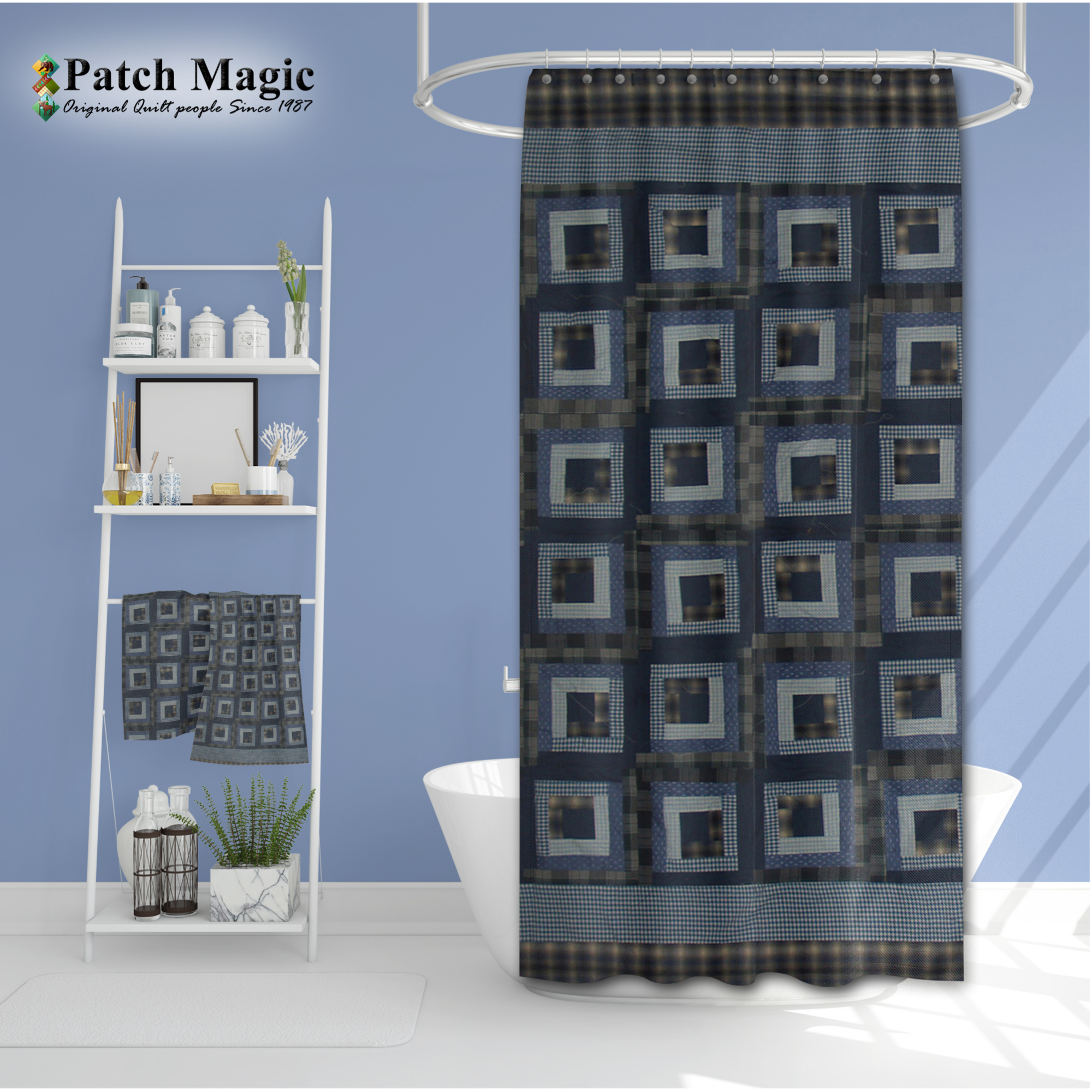 Blue Log Cabin Shower Curtain 72"W x 72"L