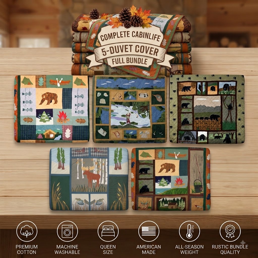 5-Piece Cabin Life Full Duvet Cover Set - Rustic Wildlife & Lodge Bedding Bundle