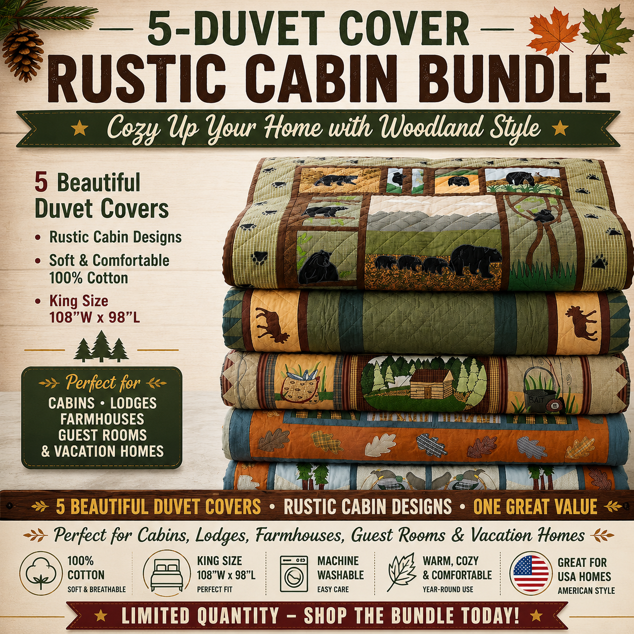 Rustic Cabin & Woodland 5-Piece Duvet Cover Bundle &ndash; Wildlife & Nature Bedding Collection