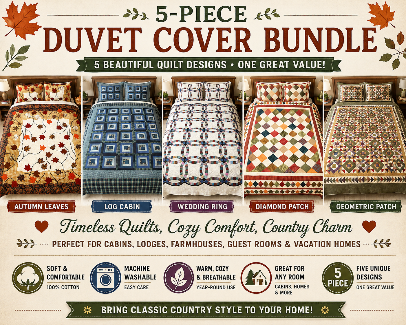 5-Piece Quilting Duvet Cover Set - Country Style Patchwork Quilt Designs-King