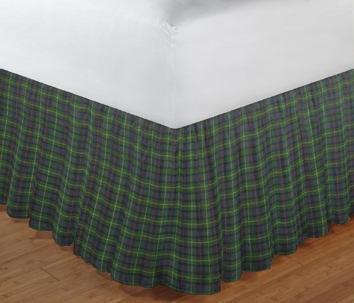 Green Tartan Plaid fabric dust ruffle queen 60"w x 80"l-drop-18"