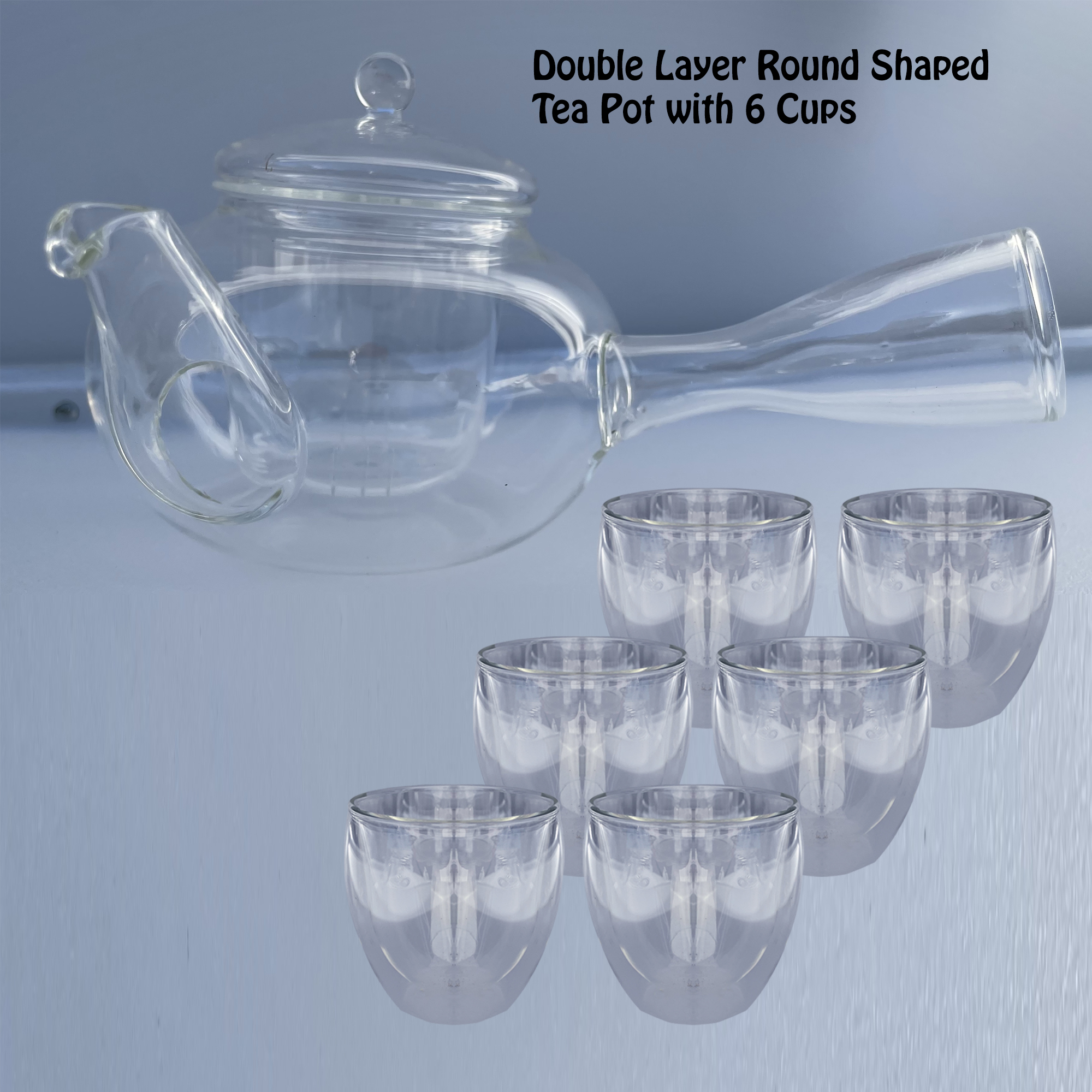 Set of Round Shaped Glass Teapot, 275ml with Oval Shape Glass cups- 200 ML (set of 6 Cups). Teapot with Infuser and Lid, Heatproof Side handle