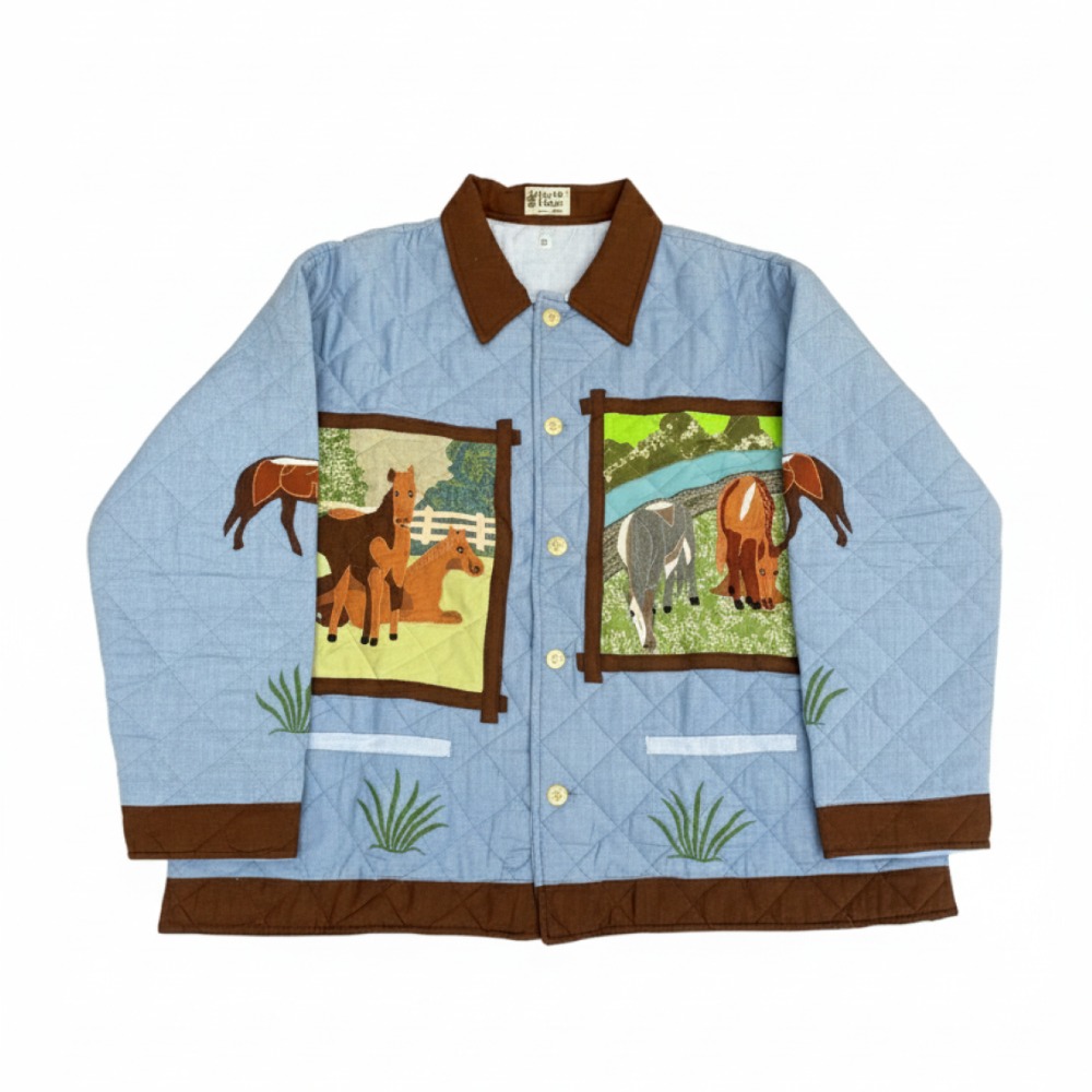 Western Horse Friends Patch Magic Jacket – Handmade Quilted Cotton Jacket with Countryside Horse Artwork