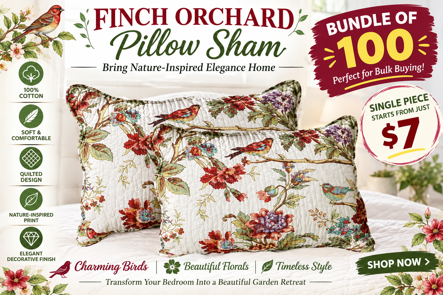Finch Orchard Quilted Cotton Pillow Sham &ndash; Bird & Floral Nature-Inspired Design &ndash; Bundle of 100 by Patch Magi