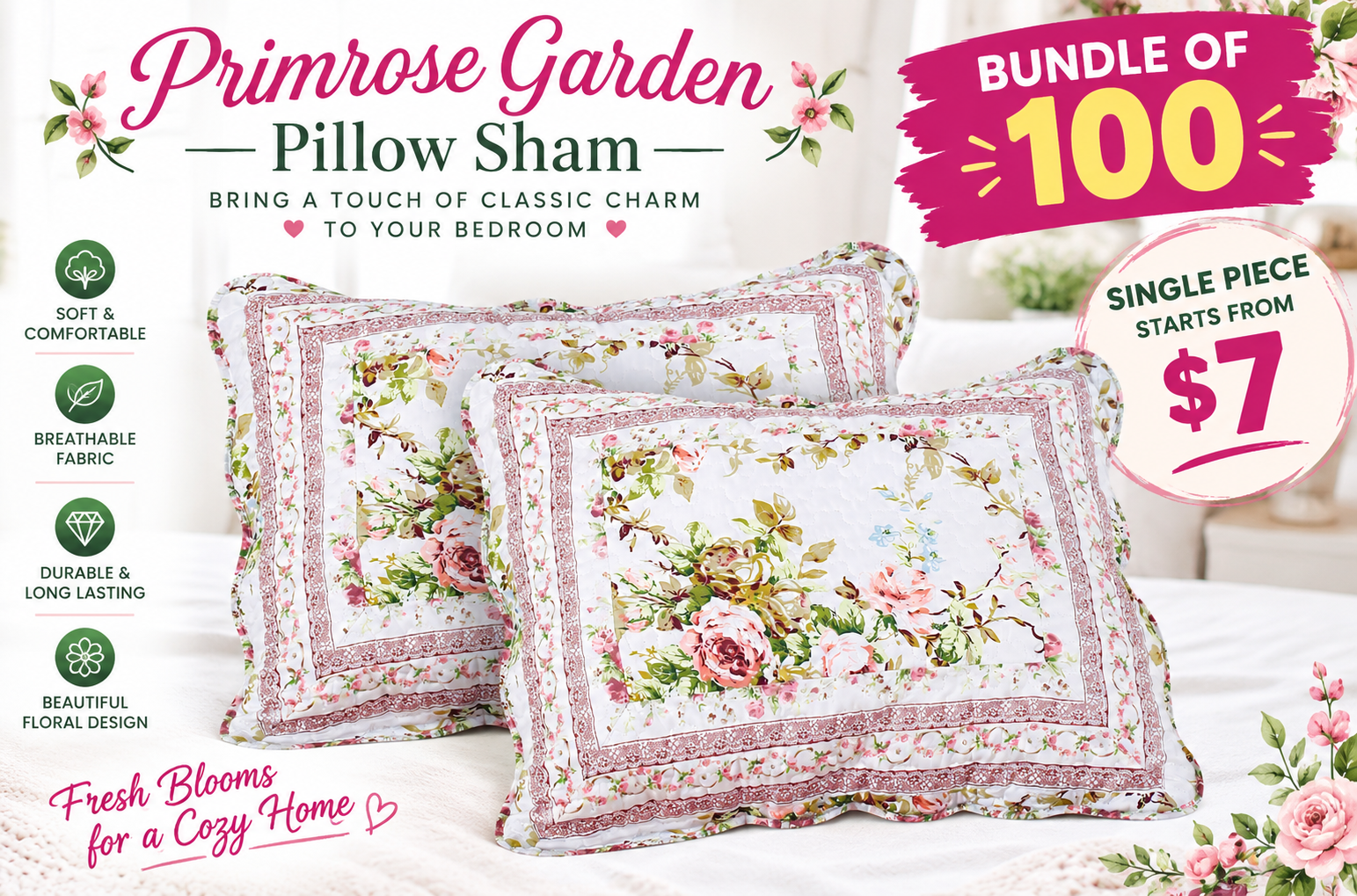 Primrose Garden Floral Quilted Pillow Sham &ndash; 100% Cotton Decorative Bedding &ndash; Bundle of 100 by Patch Magic