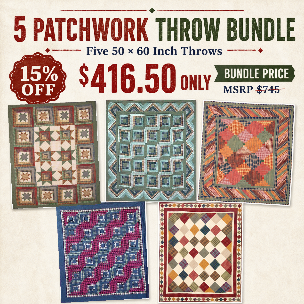 Five Handmade Patchwork Throws Bundle&ndash; 50" &times; 60"- 40% Offer - Limited period offer - Expiring soon