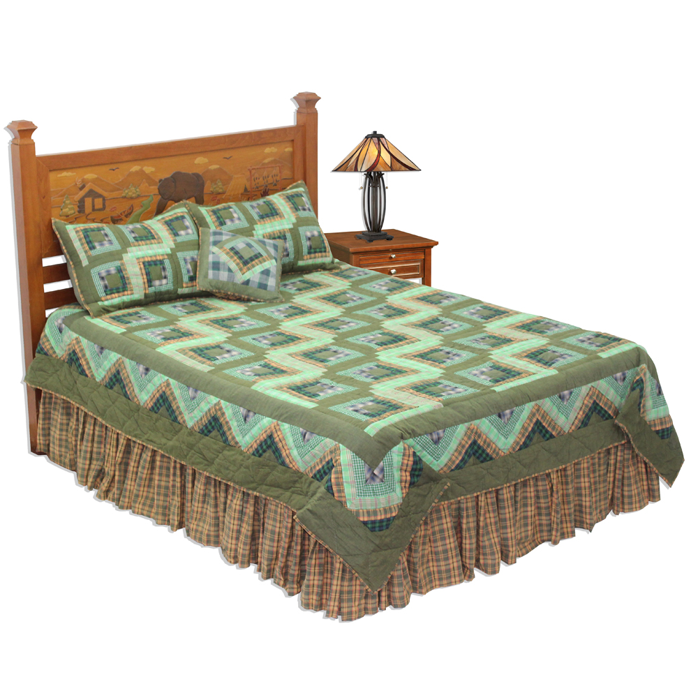 Green Log Cabin Luxury King Quilt 120"W x 106"L