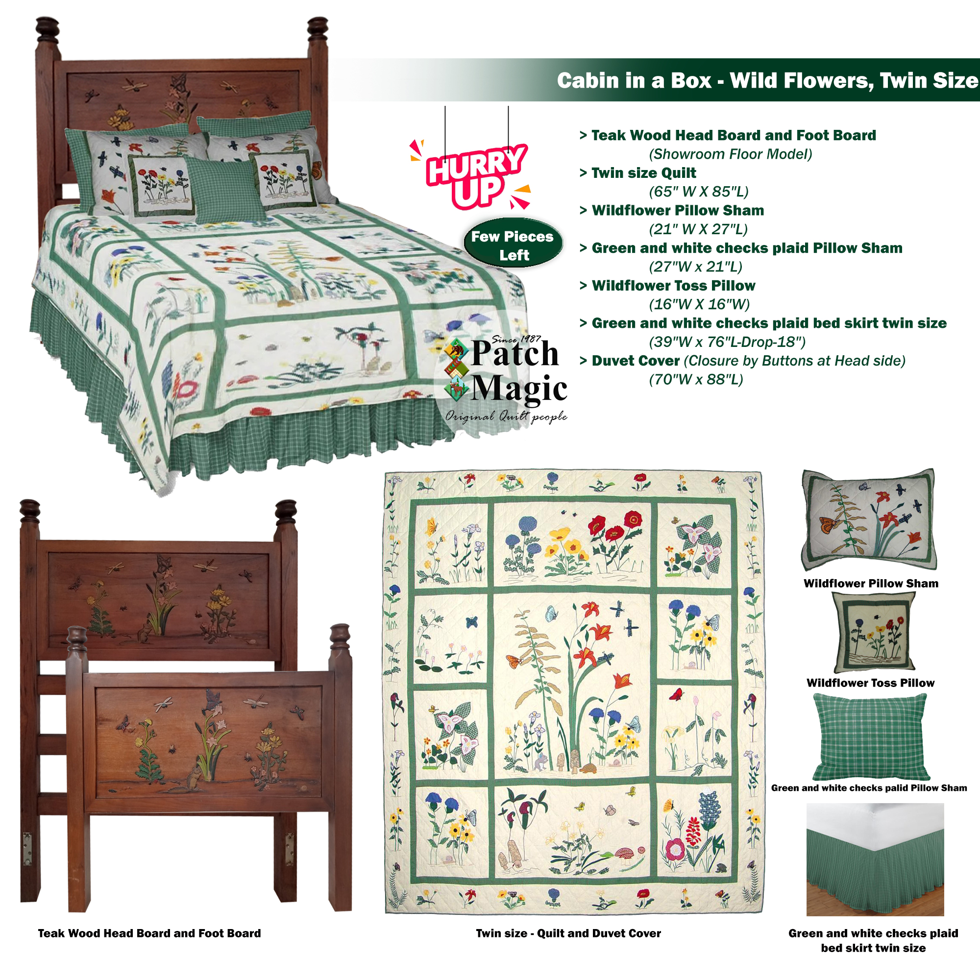 Cabin in a Box -Flower, Twin size Teak wood Head/Foot Board with Quilt Set. 