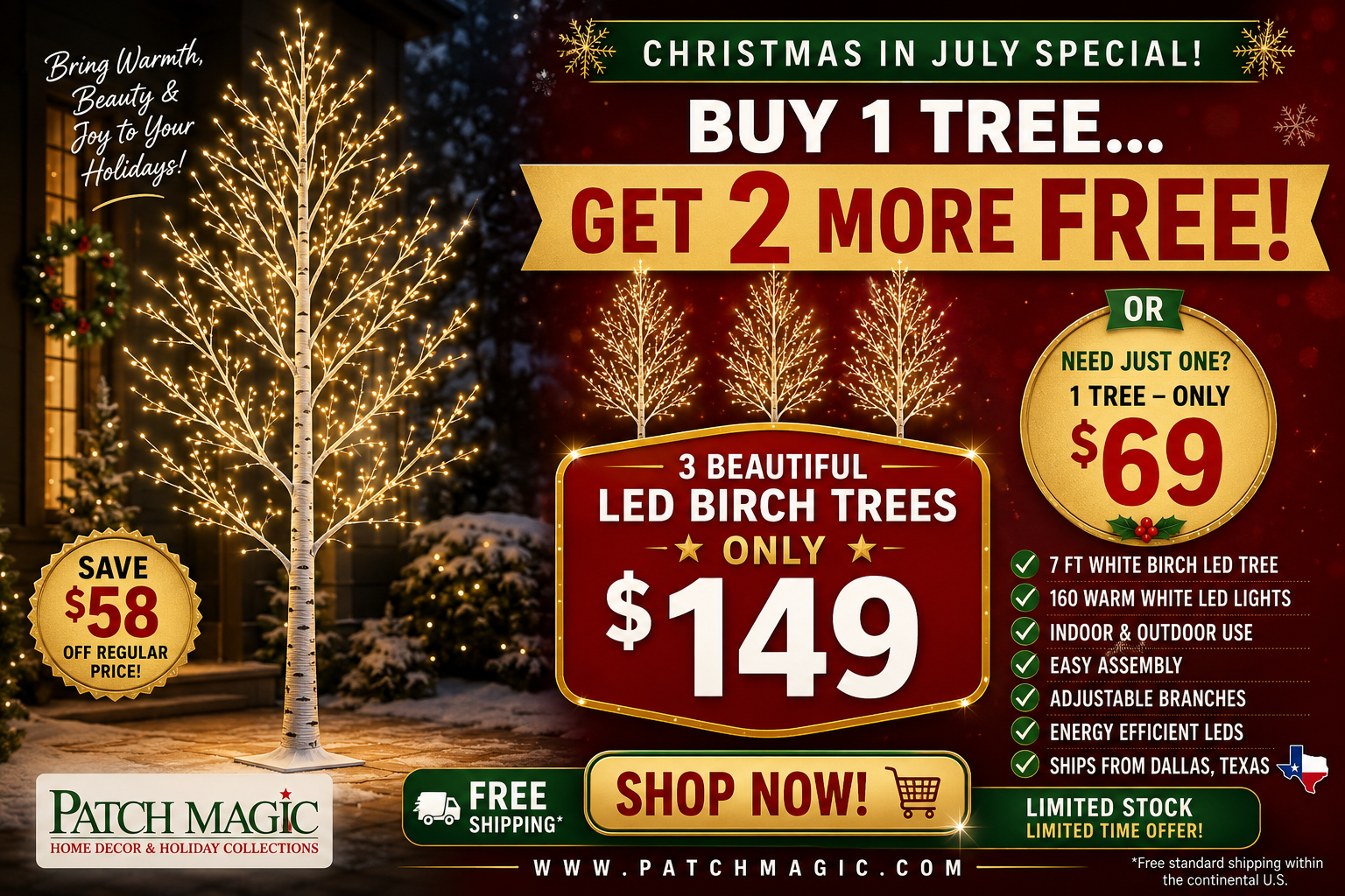 7ft LED Christmas Tree &ndash; White Birch with 160 Warm White Bulbs, Easy Assembly, Buy one and get 2 free for $149
