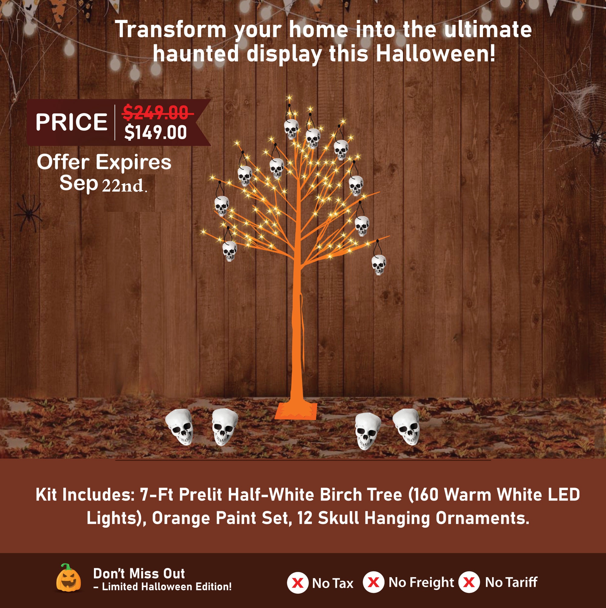 Halloween Tree Kit - 7-Ft Prelit Half-White Birch Tree (160 Warm White LED Lights), Orange Paint Set, 12 Skull Hanging Ornaments.