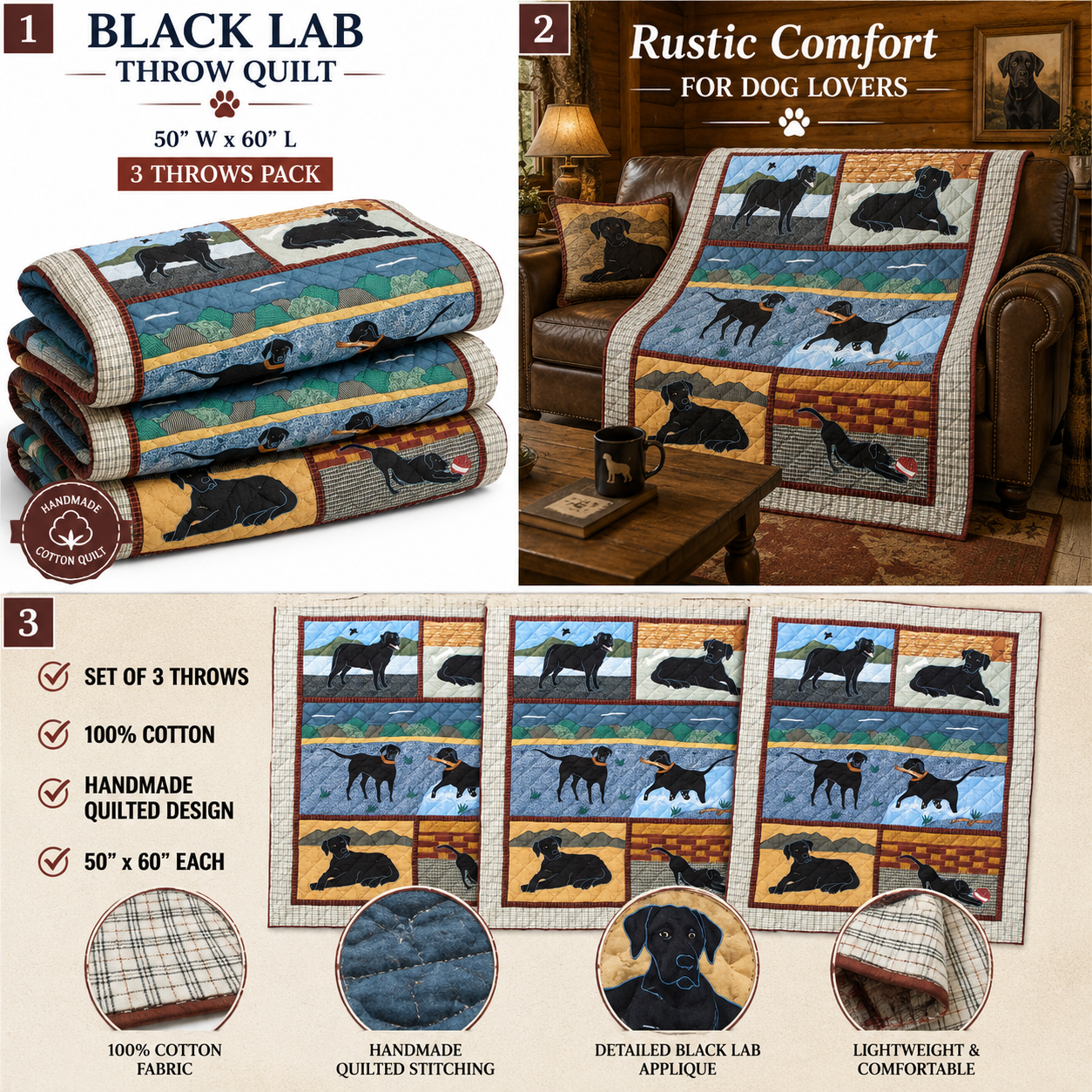Black Lab Throw &ndash; Handmade Labrador Dog Cotton Appliqu&eacute; Throw Blanket, 50"W x 60"L