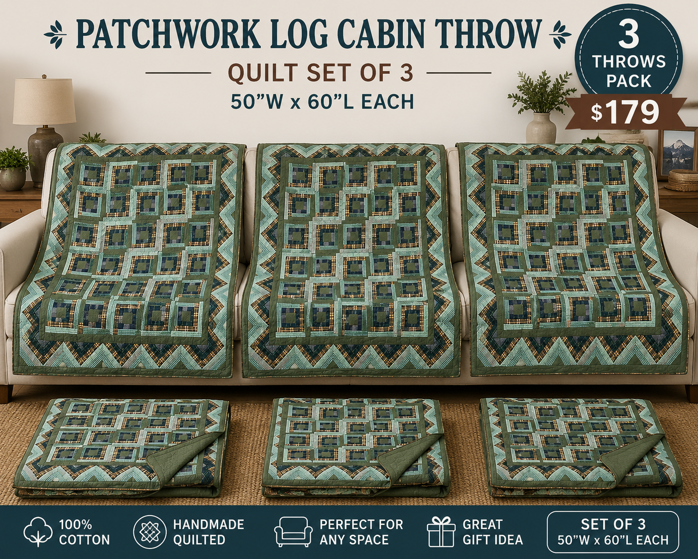 Green Log Cabin Throw 50"W x 60"L