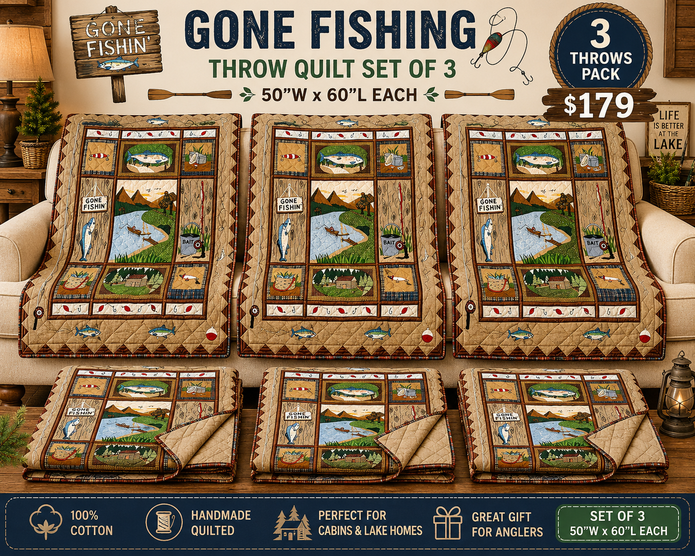 Gone Fishing Throw 50"W x 60"L